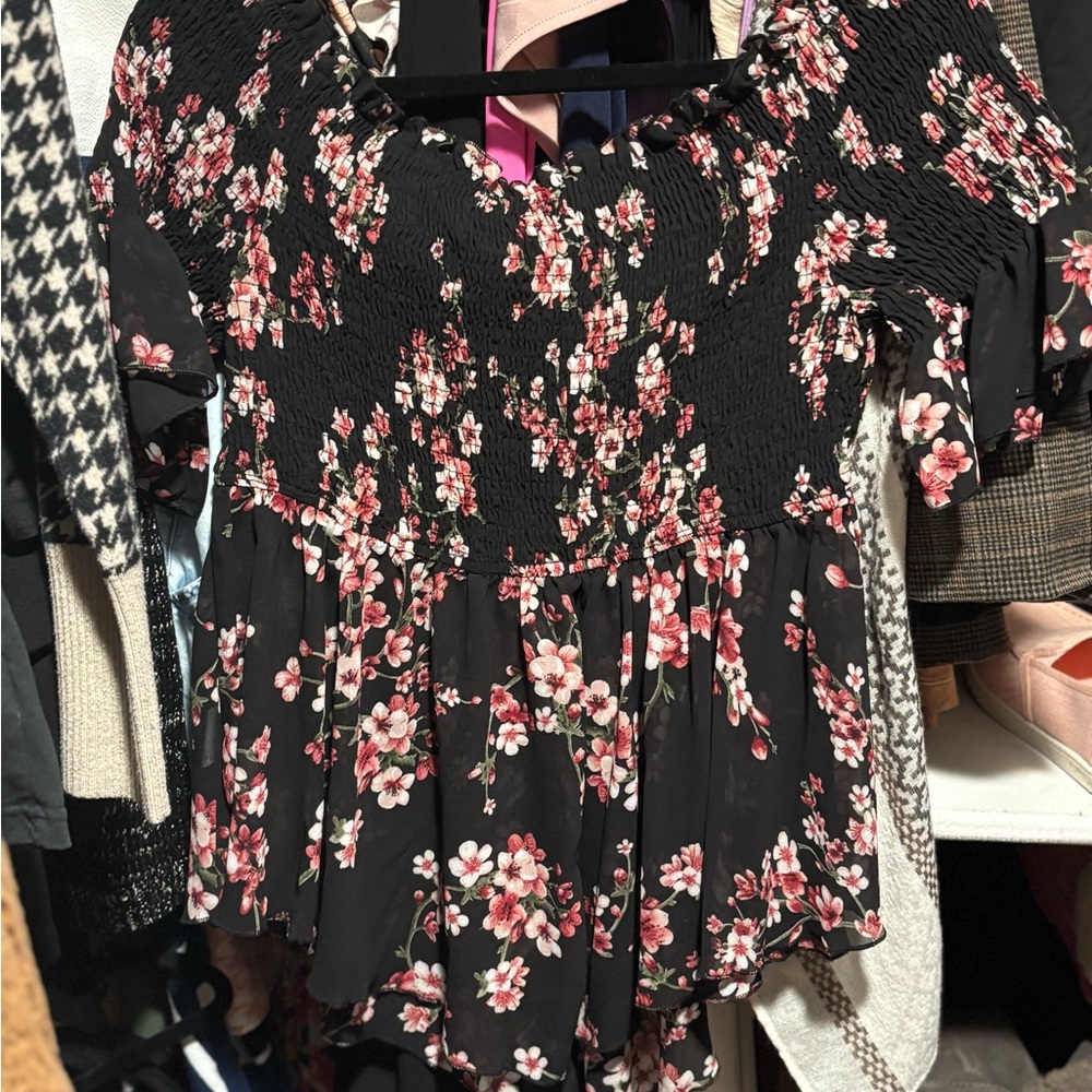 SHEIN Black and Pink Floral Blouse